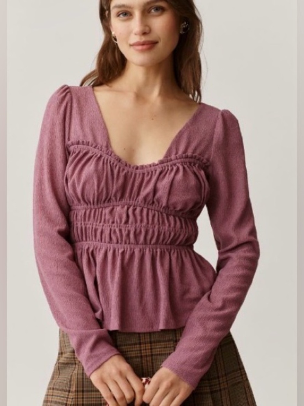 Anthropologie/Maeve Smocked Peplum Long-Sleeve Top in Mauve: Medium